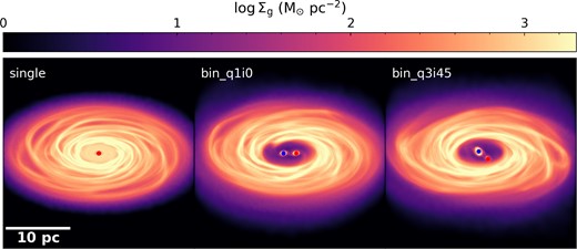 Gas surface density projections of the three main simulation set-ups showing how the circumnuclear and circumbinary gas discs surround the single and binary SMBHs, respectively, feeding gas through the cavity.