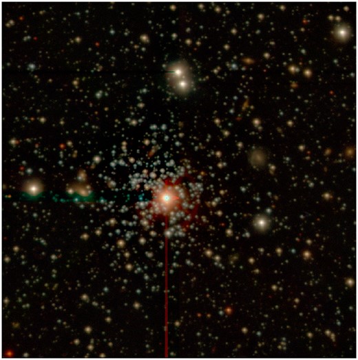 Image of SL576 in the SAMI field of view (3 × 3 arcmin), where we can clearly see the saturated star near the centre of the image. South is up and east to the right.