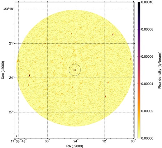 The observation-averaged, full-band, complete-FoV radio image of the Rapid Burster in Liller, generated from the 2020 VLA observation. The radio counterpart of the Rapid Burster is detected as the point source at the centre of the image. The synthesized beam is shown in the bottom left corner. The half-light and core radius of Liller 1 are indicated by the dashed and solid circle, respectively (Tudor et al. 2022).