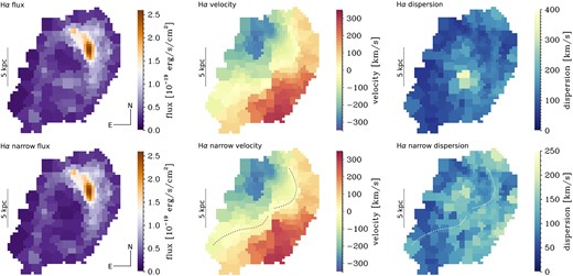 Top panel: Voronoi-binned maps (target ${\rm {S/N}}\ge 15$) of the observed H$\alpha$ flux (left panel), velocity (middle panel), and velocity dispersion (right panel) from a one-component fit. In the bottom row, we show corresponding maps where we have stitched the central region including only the narrow component of a two-component Gaussian fit (see Section 3). The large-scale kinematics are consistent with a rotating disc. The high dispersion values in the central region in the top-right panel trace a nuclear broad flux component. Removing this component, we find high average values of $\sigma _{\rm obs}\sim 50{-}150$ km s$^{-1}$ throughout GN20 (bottom-right panel). We also find evidence for non-circular motions in the velocity field through patterns that deviate from the classical spider diagram expected for rotating discs: To guide the eye, we mark $v_{\rm obs}\sim 0$ km s$^{-1}$ as a dashed line in the bottom-middle panel (repeated in the bottom-right panel for reference).