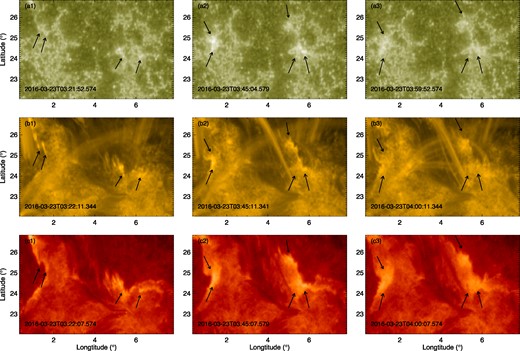 Observation of the flare of AR 12524 in AIA 1600 Å (a1–a3), AIA 171 Å (b1–b3), and AIA 304 Å (c1–c3) bands. The field of view is same as Fig. 2 (a2). The black arrows denotes the position of the flare ribbon.