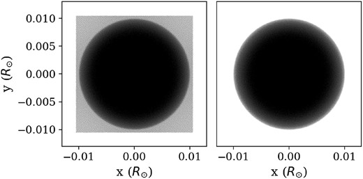 Glass-like particle configuration with constant density sphere in the centre (left), and the $0.6\ {\rm M}_{\odot }$, $0.01\ \mathrm{R}_{\odot }$ constant density sphere that is cut out for relaxation (right).