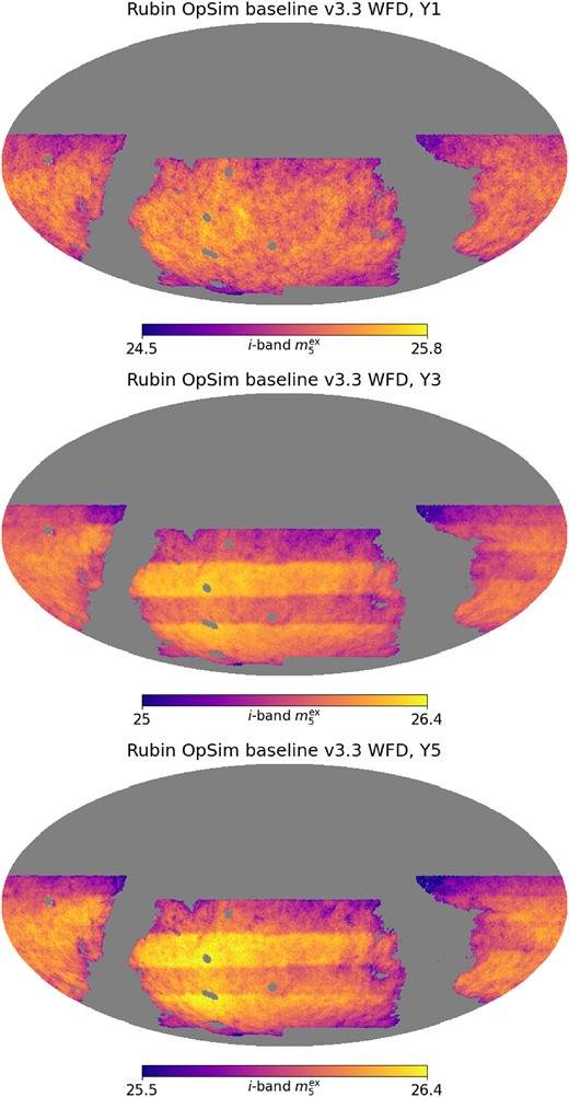The simulated i-band coadd $5\sigma$ depth accounting for Galactic extinction, $m_5^{\rm ex}$, from the Rubin observatory OpSim baseline v3.3 over the LSST wide-fast-deep (WFD) footprint, for 1-yr (upper), 3-yr (middle), and 5-yr (lower) observations. Notice the stripy patterns visible from the 3 and 5-yr observations are the result of rolling cadence. i-band is shown here because it is the detection band for LSST.