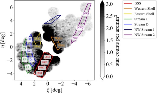 Stellar density map of the NRGB stars. The fields enclosed by colour-coded solid lines are the regions where we perform the distance estimation. The colour-coded dashed lines represent a subregion for distance estimation. In this work, we perform the distance estimation for each subregion.