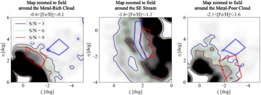The same as in Fig. 11 but for the zoom-in stellar density map of the M31 halo with each photometric metallicity. The contours represent an S/N of 9 (dark red), 6 (light green), and 3 (navy).