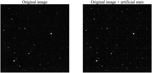 The patch images, which are before (left) and after (right) performing the injectstar.py. The magnitude of the embedded artificial star is 17 mag.