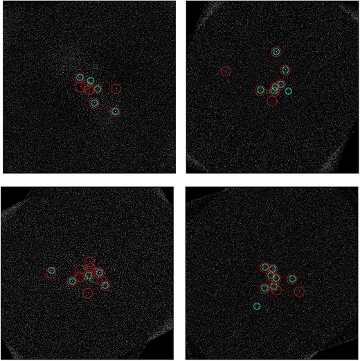 Visualization of the results on BT1. An injected exoplanet is displayed by a green square, a candidate proposed by PACO ASDI 5 is a little blue circle, a candidate proposed by regL is a large red circle. Top left panel: HD108767B. Top right panel: HIP1993. Bottom left panel: HIP12394. Bottom right panel: HIP107345.
