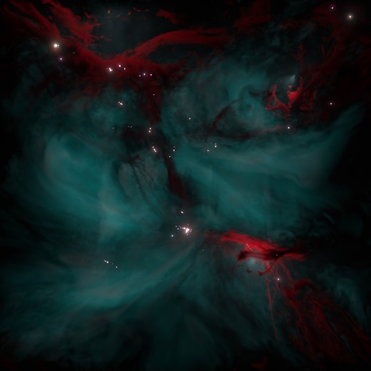3D visualization of the simulation with $\alpha _{\mathrm{vir}}= 0.125$ at $\mathrm{SFE}=5~{{\ \rm per\ cent}}$. The visualization depicts the same simulation as in the middle panel of Fig. 1.