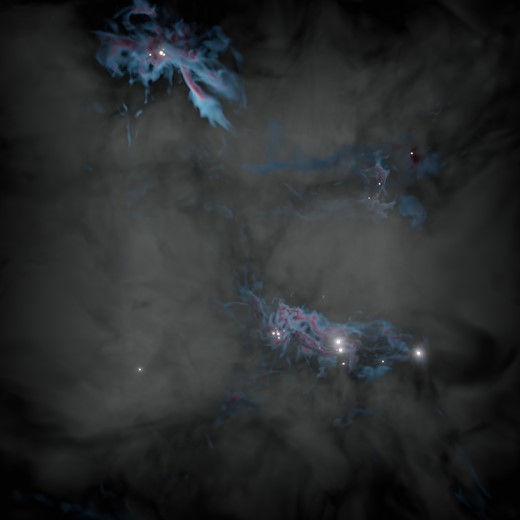 3D visualization of the simulation with $\alpha _{\mathrm{vir}}= 0.5$ at $\mathrm{SFE}=5~{{\ \rm per\ cent}}$. The visualization shows the same simulation as in the right panel of Fig. 1.