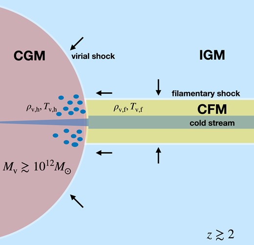 A schematic cartoon showing a cold stream penetrating the virial shock around a massive halo ($M_{\rm v}\lower.5ex\rm{\,\, \buildrel\gt \over \sim \,\,}10^{12}\, {\rm M}_\odot$) at high-z ($z\lower.5ex\rm{\,\, \buildrel\gt \over \sim \,\,}2$). In the IGM, the cold stream is the dense, isothermal core at the centre of a cosmic-web filament filled with hot gas at the filament virial temperature and density, $T_{\rm v,f}$ and $\rho _{\rm v,f}$. The cold stream is initially in pressure equilibrium with this CFM. However, as it penetrates the virial shock, the stream becomes confined by CGM gas at the halo virial temperature and density, $T_{\rm v,h}$ and $\rho _{\rm v,h}$. This results in a pressure imbalance of $\eta =P_{\rm v,h}/P_{\rm v,f}=(\rho _{\rm v,h}T_{\rm v,h})/(\rho _{\rm v,f}T_{\rm v,f})$. If pressure equilibrium in the CGM is established the stream will be narrower and denser, though it may instead fragment.