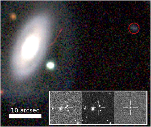 Image showing the host of SN 2023tsz (circled) and its immediate surroundings, including LEDA 152972. The image was created using g, r, and i observations from DR9 of the DESI Legacy Survey (Dey et al. 2019). The circle is the radius around SN 2023tsz’s host that contains 99 per cent of its light in the g band. The three image cut-outs in the bottom right of the image show the science (left), template (middle), and difference (right) images from GOTO that were used to discover SN 2023tsz. The GOTO science image was taken $+3.2$ d with respect to our estimate of the peak (see text).
