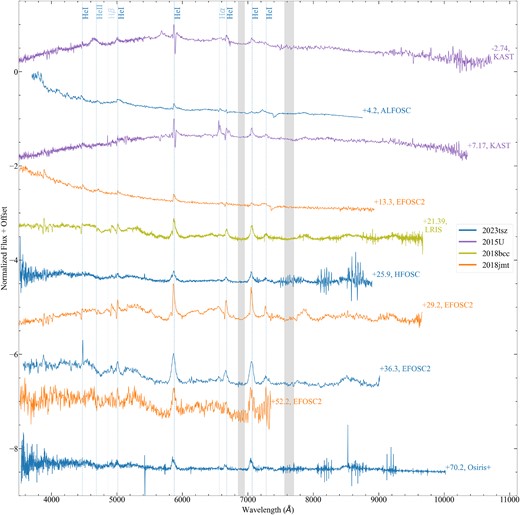 The spectroscopic time series of SN 2023tsz compared to the SN Ibn 2015U (Shivvers et al. 2016), 2018bcc (Karamehmetoglu et al. 2021), and 2018jmt (Chasovnikov et al. 2018). Spectra for these three SNe were obtained from the Weizmann Interactive Supernova Data Repository (Yaron & Gal-Yam 2012). The phase relative to the peak is shown next to each spectrum. Additionally, the instrument used to obtain each spectrum is listed. The He i, He ii, ${\rm H} \, \alpha$, and ${\rm H} \, \beta$ features are marked by dashed lines, and tellurics are shown by the shaded regions. The spectra are shown in the rest frame of the SN.