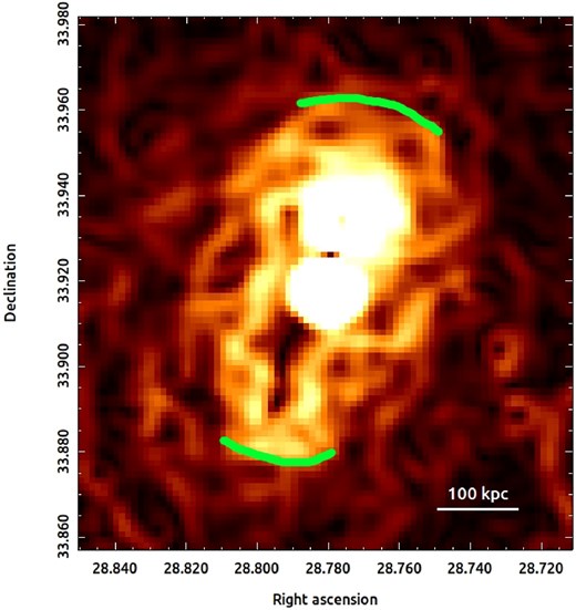 GGM filtered image of Abell 272, using a $\sigma$ = 5 arcsec Gaussian. Two potential shock fronts in the north and south are highlighted with green lines.