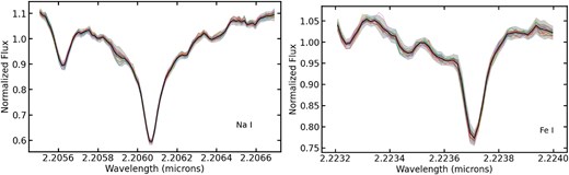 IGRINS spectra of Na i (left) and Fe i (right) lines for TOI-732.