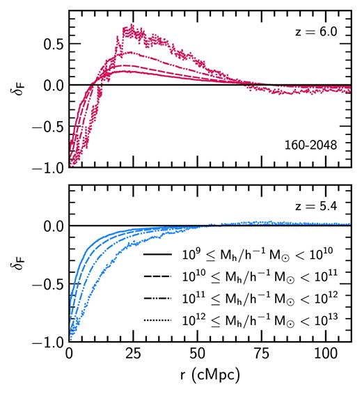 Impact of halo mass used in the calculation of the galaxy-Ly $\alpha$ transmission fluctuation correlation in the 160–2048 run at $z=6.0$ (top panel, pink) and $z=5.4$ (bottom panel, blue). We show the correlation between our simulated spectra and haloes in bins spanning four decades in mass: $10^{9}\le M_{\rm h}/h^{-1}\, {\rm M}_\odot < 10^{10}$ (solid), $10^{10}\le M_{\rm h}/h^{-1}\, {\rm M}_\odot < 10^{11}$ (dashed), $10^{11}\le M_{\rm h}/h^{-1}\, {\rm M}_\odot < 10^{12}$ (dash–dot–dotted), and $10^{12}\le M_{\rm h}/h^{-1}\, {\rm M}_\odot < 10^{13}$ (dotted).