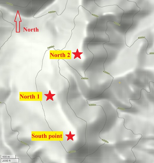 Topographic contour map of the Muztagh-Ata site on the Pamir Plateau, showing the locations of the three monitoring points: the South point, North-1 point, and North-2 point.