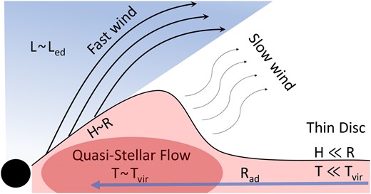 Schematic of accretion flow around the black hole. The blue arrows gives the direction of the flow. Far from the black hole, where advection is unimportant and radiative cooling is efficient the conditions are similar to that of a thin disc. Here, the height of the disc (H) is small compared to the radius (R), and the temperature (T) is low compared to the virial temperature. At the radius at which advection becomes important (Rad), radiative cooling becomes inefficient and heat generated by viscosity is advected with the flow, causing the flow to heat and expand. This results in the flow becoming quasi-spherical (i.e. H ∼ R) and temperatures becoming approximately virial (assuming cooling is inefficient). This region has been labelled ‘Quasi-Stellar Flow’, as we assume that conditions here are similar to stellar interiors. The flow is constantly losing mass in the form of winds which increase in speed with decreasing R, resulting in the accretion rate dropping to $\dot{M}_{ed}$ closer to the black hole.