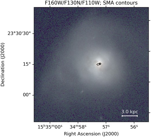 Three colour near-IR image of Arp220 from the Hubble Space Telescope (Perna et al. 2020) showing the large scale structure of the merging system. White contours indicate the SMA continuum 340 GHz image obtained by our observations. Background spikes found in the archival data are suppressed by sigma-clipping at $3\sigma$ in $7 \times 7$ pixel boxes across the field using the astropy sigma_clip routine. A maximum of 10 iterations of sigma-clipping were performed in each box.