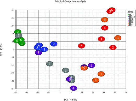 Principal component analysis of the metabolome after intramammary challenge with Streptococcus uberis. The PCA was based on the intensities from 3828 detected peaks and the plot was generated using the Partek Genomic suite. The data points refer to milk samples obtained from 6 cows at 6 time points post challenge (PC). Cows are identified by number and time points by colour, with hours PC shown in the legend. Please note that there are only 32 samples as data from 4 samples were not included after initial quality analysis at raw data level.