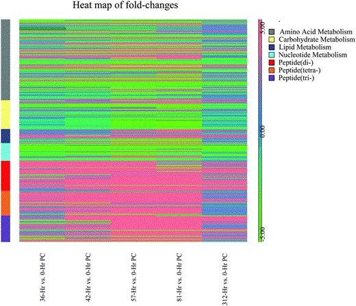 Heat map showing the fold-changes of putative metabolites mapped to KEGG metabolic pathways. Fold-change of putative metabolites in each contrast (each time-point compared with 0 hour post-challenge) was computed from the one-way ANOVA test. The metabolites were mapped to KEGG metabolic pathways using IDEOM software, and then the heatmap was plotted using the Partek Genomic suite.