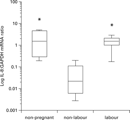 The effect of reproductive state upon the log of the IL-8:GAPDH mRNA ratio. Myocytes from samples collected before labour differed significantly from those collected after labour onset and also from samples from non-pregnant myometrium (* indicates P<0.05). The box plots represent median, interquartile range and range.
