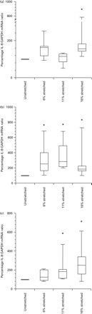 The effect of stretch for 1 h upon the IL-8:GAPDH mRNA ratio in non-pregnant (a), before labour onset (b) and after labour onset (c) cell preparations. In the non-pregnant preparations 16% stretch increased IL-8 mRNA in comparison to non-stretched control. Before labour all degrees of stretch significantly increased IL-8 mRNA in comparison to non-stretched control. After labour, 11 and 16% stretch significantly increased IL-8 mRNA in comparison to non-stretched control (*indicates P<0.05). The box plots represent median, interquartile range and range.