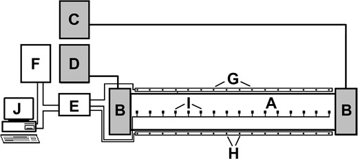 Experimental setup for recording thermal behaviour of snails. Abbreviations: A, thermal gradient chamber (chamber length 130 cm, water depth 0.5 cm); B, fluid chambers; C, thermostat; D, cryostat; E, electronic switch of thermocouples; F, scanner; G, transmitters of infra-red radiation; H, receivers of infra-red radiation; I, thermocouples; J, computer.