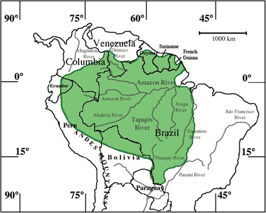 Geographic distribution of Pteronura brasiliensis. Modified from the International Union for Conservation of Nature and Natural Resources Red List of Threatened Species (2015).
