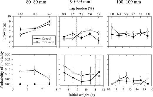 Growth and probability of mortality for juvenile Chinook salmon of different lengths that were implanted with an acoustic transmitter and a PIT tag (treatment) or left untagged (control), by initial weight. The points at which implanted fish survived or grew as well as or better than untagged fish are indicated by the perpendicular dashed lines. The error bars represent standard errors.
