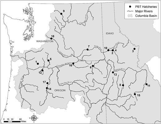Map detailing the locations of Columbia River basin facilities rearing spring/summer‐run stream‐type Chinook Salmon for various hatchery programs sampled via parentage‐based tagging (PBT). Multiple stocks may be reared at each facility, but broodstock collection sites and juvenile release locations may differ depending on the program. Location numbers correspond to those in the “Map” column of Table 1.