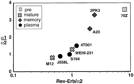 RevErb mRNA expression in B cell lines related to changes in α1/α2 mRNA. The ratio of RevErb/α2 mRNA was quantified and compared to α1/α2 mRNA. Data is presented in a scatter plot with each point representing a specific cell line. The representative developmental stage for each cell line is indicated by specific symbols.