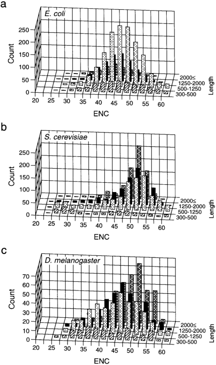 Distribution of ENC for each length category of E.coli ( a ), S.cerevisiae ( b ) and D.melanogaster ( c ) genes. Only complete genes 300 bp or longer were included.