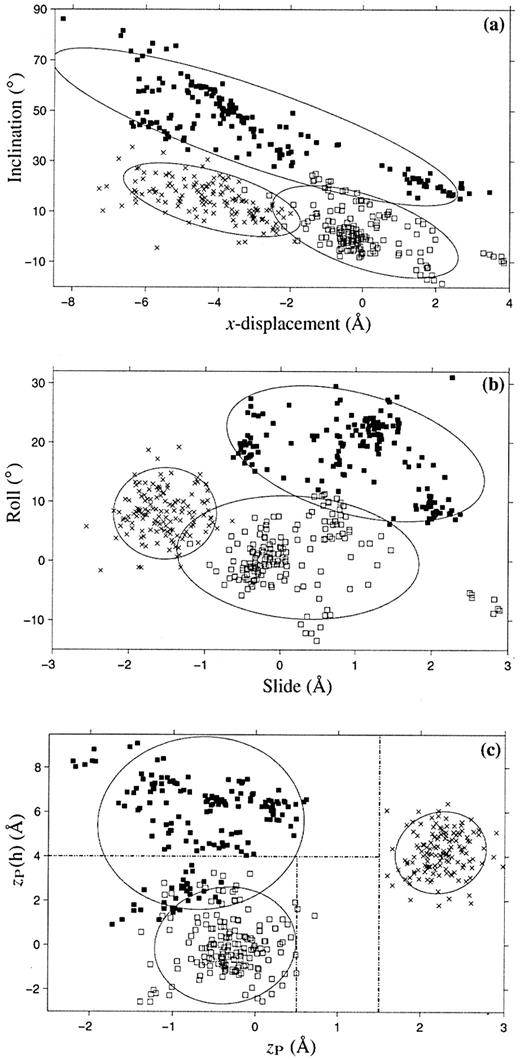 Figure 5. Scatter plots of selected conformational parameters showing the differences among A (× symbol), B (open squares) and TA DNA (filled squares) dinucleotide steps: (a) helical inclination and x‐displacement; (b) dimer step Roll and Slide; (c) projected phosphorus positions, zP and zP(h). The contours correspond to ‘energies’ of 2kBT, i.e.‘2Δθ’ ellipses (17). Dashed lines in (c) illustrate the criteria used in 3DNA to distinguish the three helical forms (see text for details).