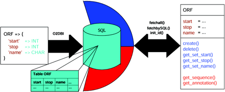 Figure 3. O2DBI maps Perl objects to relational tables, generating both SQL tables and Perl modules.