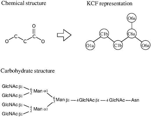 Figure 1. Chemical compound structures in the COMPOUND database and carbohydrate structures in the GLYCAN database are graph objects, where the nodes are either atoms or monosaccharides and the edges are covalent bonds. For the purpose of chemical structure comparison, the chemical structure is converted to the KCF (KEGG Chemical Function) representation where the same atoms are distinguished by their environments. 