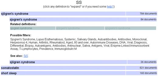 SaRAD的屏幕截图。用户已搜索“SS”并单击以获取子定义“sjorgen综合征”的详细信息。可能的过滤器是用于限制搜索结果的MeSH术语。
