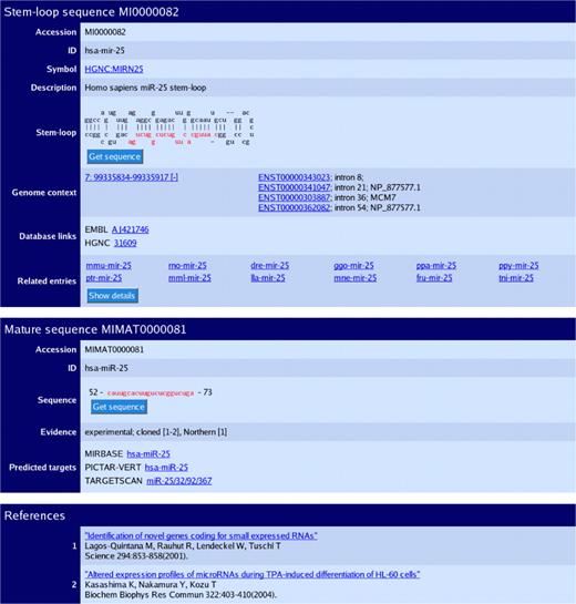 The sequence database entry for hsa-mir-25. The three sections of the page describe the predicted stem–loop hairpin, mature sequences and primary references. The genomic coordinates and contextual information link to the Ensembl database. Each mature miRNA contains an evidence field, and links are provided to predicted target pages.