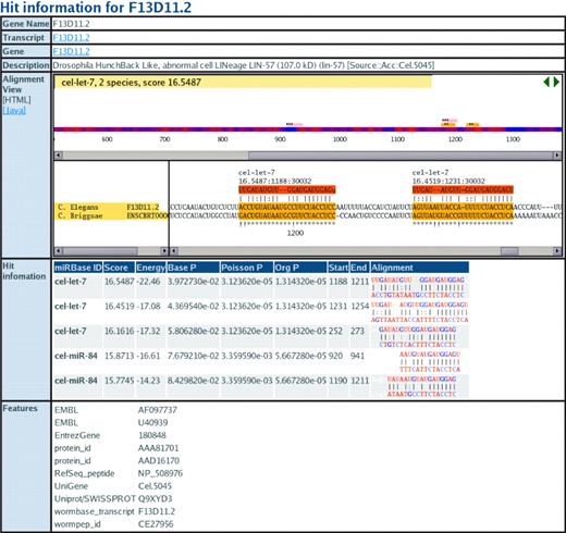 miRBase Target view page for transcript F13D11.2. The alignment view shows the alignment of miRNA binding sites in orthologous 3′-UTRs. Bits scores, P-values, folding energies and alignments are shown for each miRNA match.