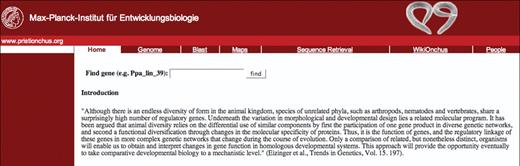 Overview of web portal division. The Navigation bar is placed to the top of the web page. There is a news board to the left and the main content below the navigation bar. The welcome page is shown, which features an introductory text as to the concepts of comparative evolutionary studies.