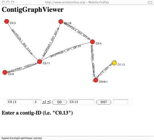 ContigGraphViewer—a JAVA applet for graphically representing long-distance relations in the Pristionchus genome assembly. BAC and Fosmid end mappings onto contigs are shown as a graph where vertices constitute contigs and arcs carry BAC or Fosmid labels.
