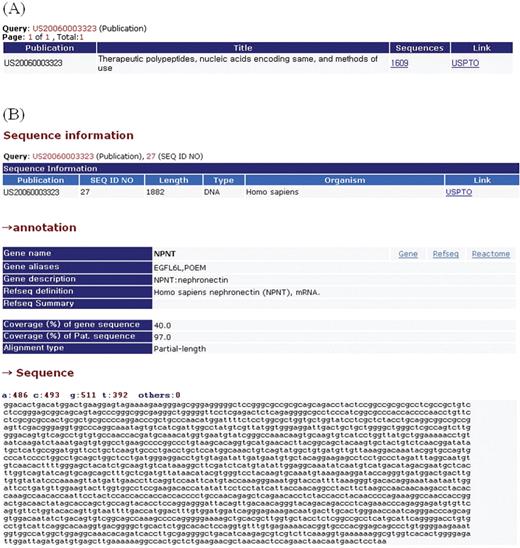 Output of the Patome search. (A) Output of only patent (or application) number search. (B) Output of both patent (or application) number and SEQID search.