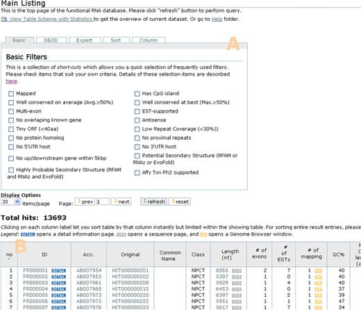 The first page shows a set of selection interfaces (A) and the listing table of 13 693 transcripts (B).