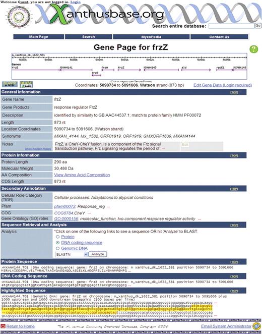 A representative xanthusBase gene page. Some sections have been condensed for display purposes.