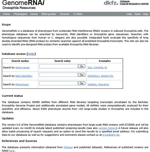 Entry page of the GenomeRNAi database. This page allows direct access to search function by gene, RNAi ID or phenotype. More detailed search pages which allow for example to search by sequence homology can be accessed via the main menu.