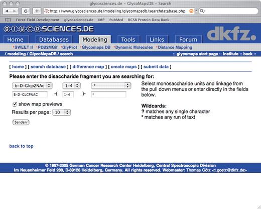 The search database interface of the GlycoMapsDB. Monosaccharide residues can be selected from the pull down menus or entered directly into the appropriate fields. Wildcards are supported.