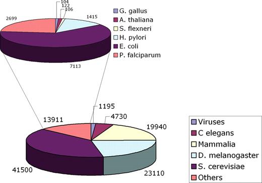 The pie charts represent the number of interactions stored in MINT for the different species.