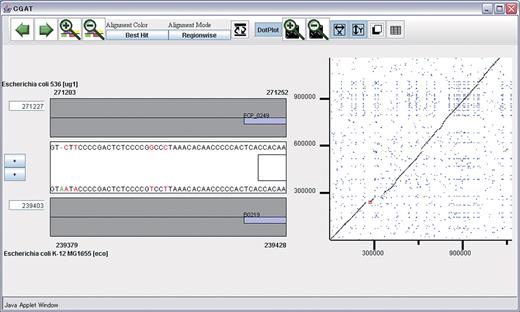 The CGAT interface showing the nucleotide sequence alignment between the genomes of two strains of Escherichia coli, 536 (‘ug1’) and K-12 (‘eco’). Here, the 536 genome is registered via the My MBGD functionality.