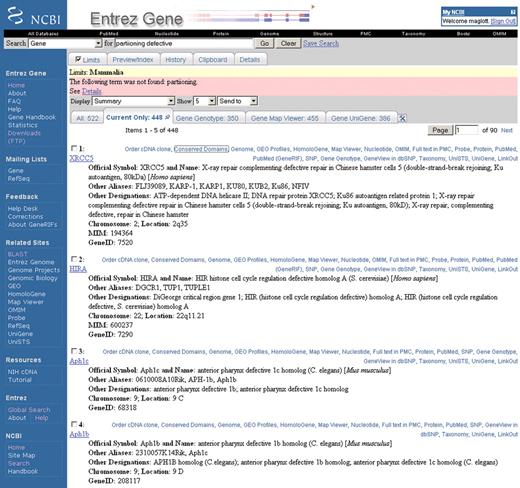 Representative ‘Summary’ report of query results. Result of a query to retrieve information about partitioning-defective genes in mammals. This figure illustrates several points: (i) the display when limits is invoked to restrict result sets; (ii) spell checking; (iii) use of My NCBI to customize tabs to highlight subcategories of records in the result set; (iv) use of My NCBI to alter the display of the links menu. Limits:mammalia indicates that mammalia was selected from the page accessed via the limits tab to restrict results to genes in mammals. The term partitioning had no matches in the database; the ‘details’ page explains that only the term ‘defective’ was processed. Entrez identifies possible misspellings and suggests an alternate query (Did you mean:partitioning defective?). Of the 522 results that were returned, the tabs indicate that 448 are current (current only), 350 have genotype information available in dbSNP (Gene Genotype), 455 can be viewed in Map Viewer (Gene Map Viewer) and 386 have expression data in UniGene (Gene UniGene). Because, My NCBI environment replaces the default links menu with text, the databases connected to each record are displayed directly on the results page. The summary display includes the species of origin, preferred and alternate symbols, preferred and other descriptive names, chromosome localization, the GeneID and the MIM number when appropriate. Click on any symbol to link to the full report (Figure 2). The top black navigation bar and the blue side-bar at the left provide general links to other sites, including genome-specific resource guides (Genomic Biology), the FTP site, forms to submit feedback (Feedback) and forms to subscribe to mail lists (Mailing Lists).
