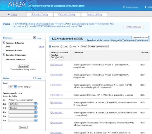 Example of keyword search by ARSA. Keywords used are ‘source’ (Feature), ‘chromosome’ (Qualifier belonging to ‘source’) and CDS (Feature). ‘Chromosome’ has a value attribute to which ‘Y’ is given for specifying chromosome Y.