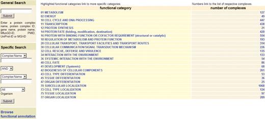Overview about the FunCat functional annotation results of the protein complexes in CORUM. The different search options of the database are also shown.